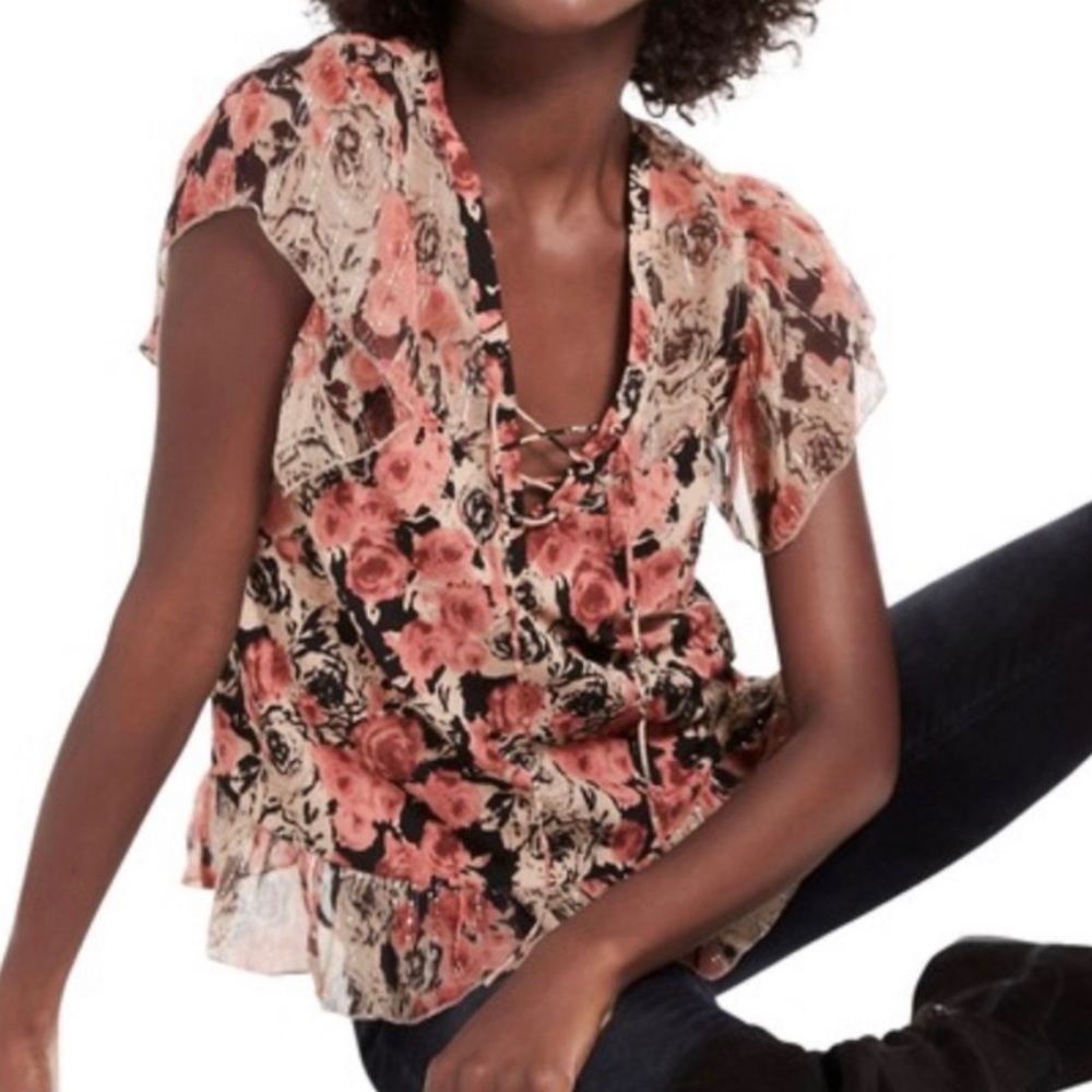 Lucky Brand Black & Rose Ruffle Blouse NEW WITHOUT TAGS